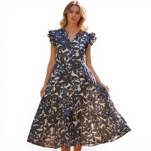APiece Apart Abstract Organic Cotton Ruffle Sleeve Maxi Dress Women's Size 8